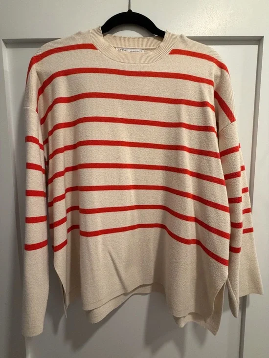 Zara Cream Sweater with Red Stripes - Picture 1 of 3